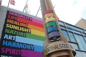 Photograph of North Halsted Street pillar with rainbow colors